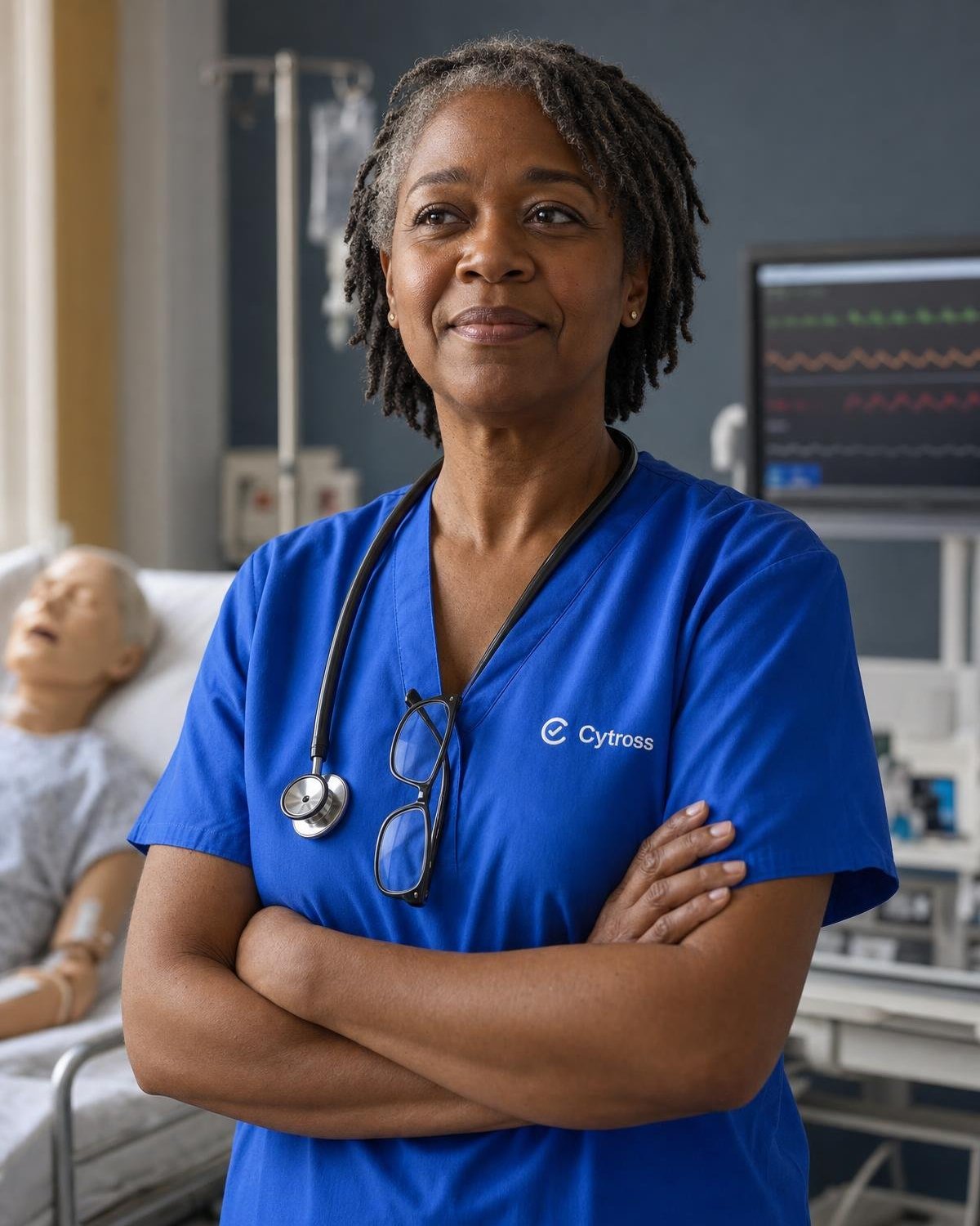 A nurse educator in royal-blue Cytross Nursing scrubs standing in a clinical simulation lab, arms loosely crossed.
