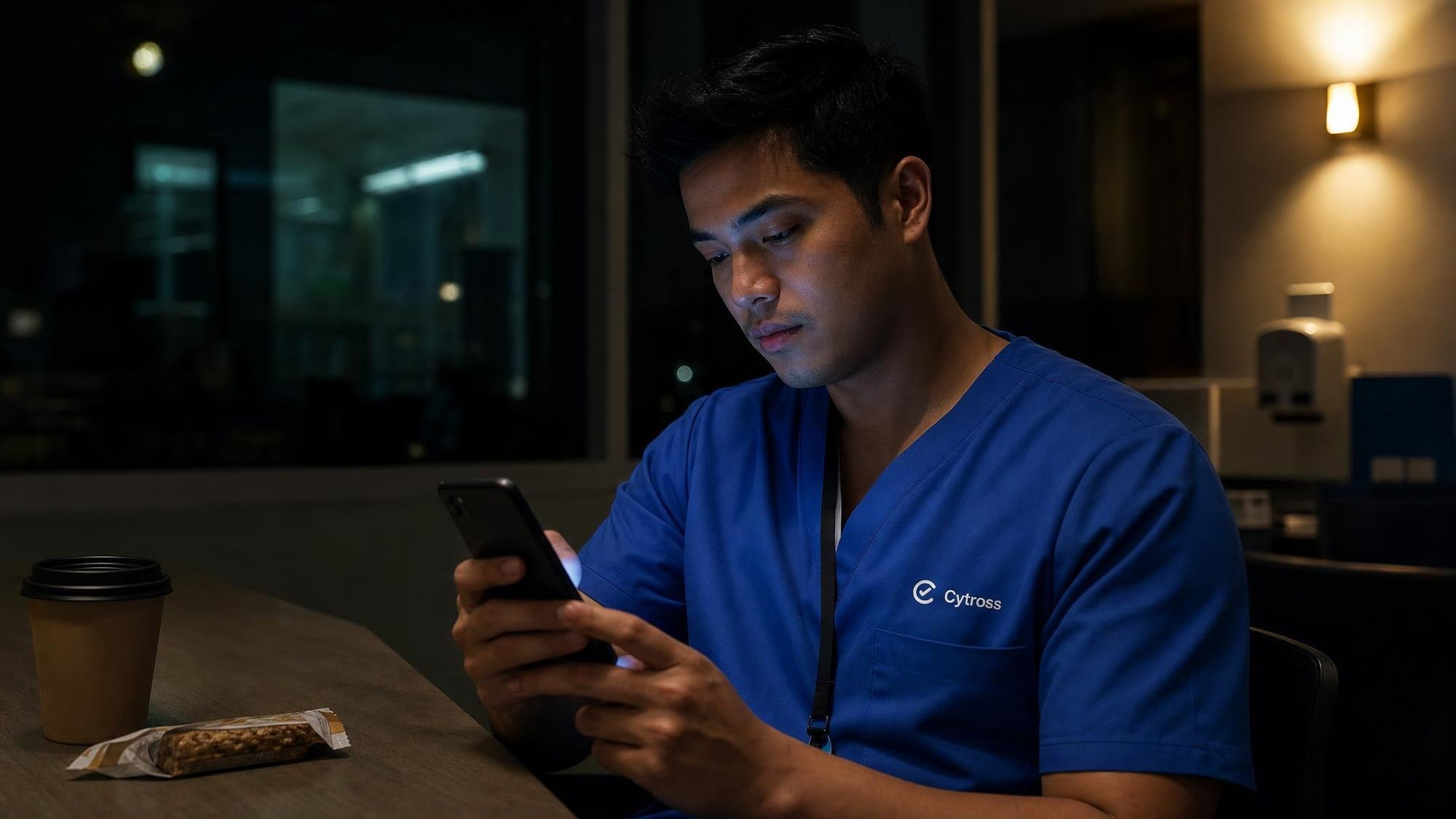 A nurse in royal-blue Cytross Nursing scrubs studying on his phone in a dim staff break room during a night shift.