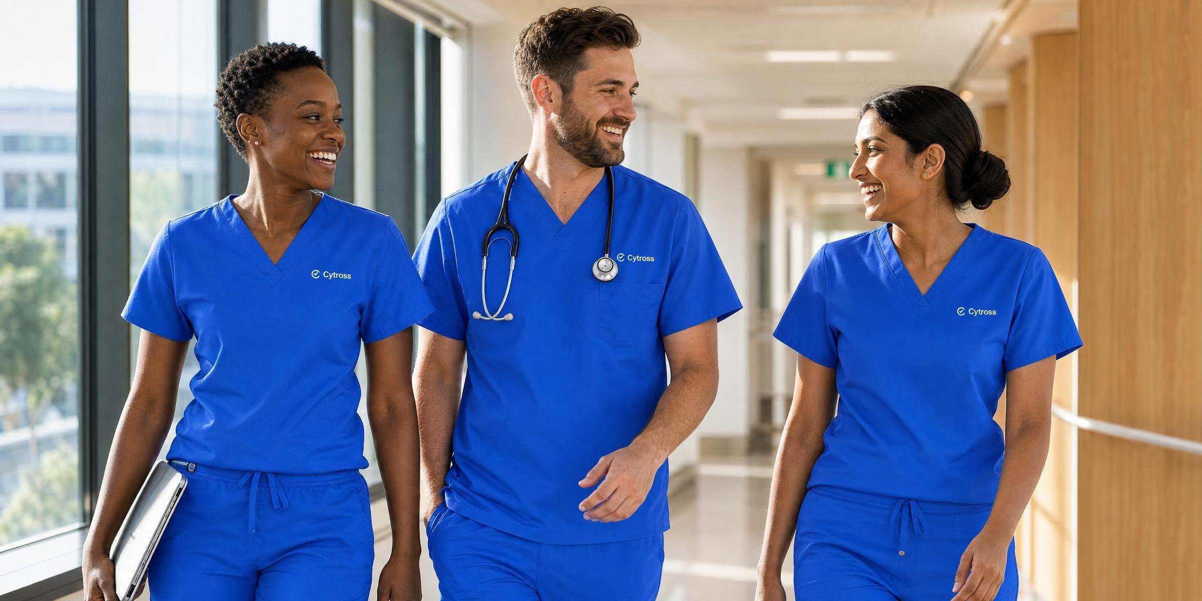 Three nurses in royal-blue Cytross Nursing scrubs walking together down a bright hospital corridor, mid-conversation.